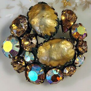 Vtg Stunning REGENCY Doomed Faux Baroque Pearl & Rainbow Rhinestone Brooch